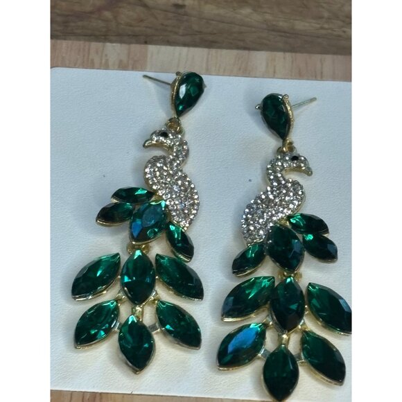 Peacock Crystal Drop Earrings With Green Gemstones - Picture 8 of 9